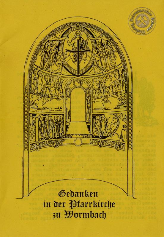 Eine gelb hinterlegte, künstlerische Darstellung eines romanischen Tympanons (Bogenfeldes) über einem Kirchenportal. Das Tympanon zeigt eine detaillierte, religiöse Szene:

Im oberen Bereich ist Christus in der Mandorla (ein mandelförmiger Heiligenschein) dargestellt, umgeben von Engeln.
Umrahmt wird die Szene von verschiedenen Figuren, die möglicherweise Apostel oder Heilige darstellen.
Im mittleren Bereich sind Szenen aus dem Jüngsten Gericht zu erkennen, darunter eine Waage, die Seelen wiegt, sowie Figuren, die aus ihren Gräbern auferstehen.
Im unteren Bereich sieht man eine Darstellung von Menschen, die sich vor einem Tor versammeln, möglicherweise das Himmelstor.
Unter der Abbildung steht der Text:
"Gedanken in der Pfarrkirche zu Wormbach".
Die Abbildung vermittelt einen Eindruck von mittelalterlicher, religiöser Kunst und Architektur, die typisch für Kirchenportale dieser Epoche ist.