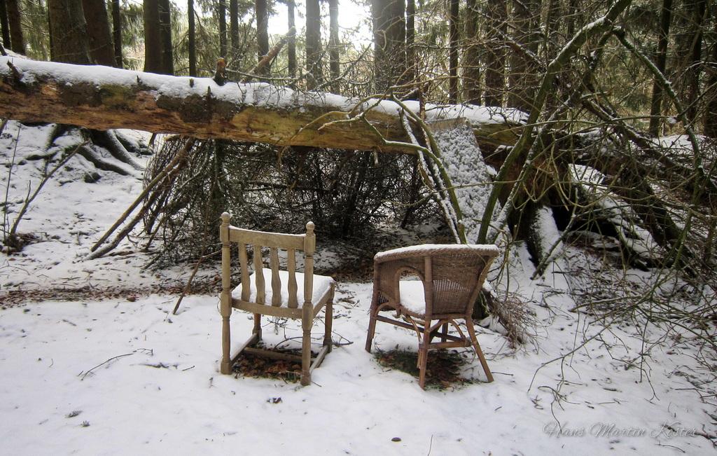 Das Bild zeigt eine winterliche Waldszene. Im Vordergrund stehen zwei alte, verwitterte Stühle, die mit einer dünnen Schneeschicht bedeckt sind. Der linke Stuhl ist ein einfacher Holzstuhl mit gerader Rückenlehne, während der rechte Stuhl ein Korbstuhl mit Armlehnen ist.
Hinter den Stühlen liegt ein umgestürzter Baumstamm, der auf Ästen und Zweigen aufliegt. Der Waldboden ist mit Schnee bedeckt, und im Hintergrund sind dicht stehende Bäume zu sehen, deren Äste ebenfalls mit Schnee bedeckt sind. Die Atmosphäre wirkt still, fast märchenhaft, und vermittelt ein Gefühl von Vergänglichkeit und Ruhe in der Natur.