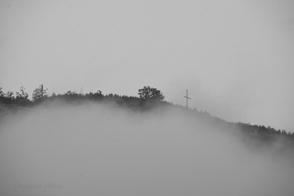 This atmospheric image captures a misty, ethereal landscape under a pale, overcast sky. In the distance, a low hill or ridge rises, covered in a dense layer of trees with bare branches, suggesting late autumn or winter.

A thick blanket of fog or low-lying clouds partially obscures the lower half of the scene, creating a dreamlike, almost surreal effect. The mist swirls gently, softening the outlines of the landscape.

Standing prominently on the hill is a tall, dark cross, silhouetted against the lighter sky. It appears to be made of metal or wood and serves as the focal point of the image, adding a sense of quiet reflection or solemnity.

The overall mood is serene and contemplative, evoking feelings of stillness, mystery, and the quiet beauty of nature in a misty setting.