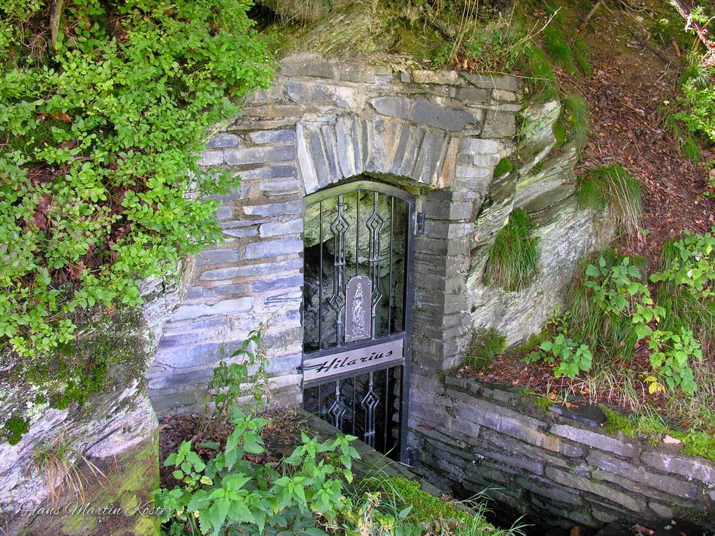 The image shows a small stone doorway built into a hillside, surrounded by dense green vegetation and moss-covered rocks. The entrance is framed by arched masonry made of layered stone blocks, giving it a rustic, old-fashioned appearance.

A metal gate with decorative patterns closes off the doorway. Across the gate, a sign reads “Hilaritas.” The doorway appears to lead into a dark, underground space, partially hidden by the slope of the terrain.

Plants, grasses, and leafy bushes grow closely around the entrance, creating a secluded, slightly mysterious atmosphere in a natural, forest-like setting.
